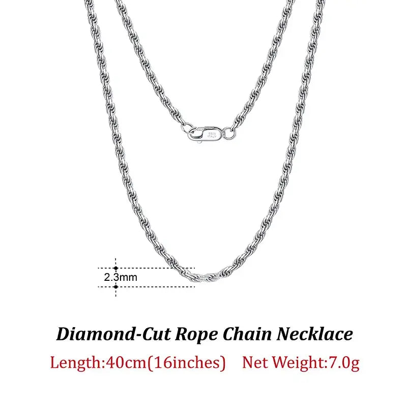 Rinntin 925 Sterling Silver 2.3mm Diamond-Cut Rope Chain Necklace For Women Men Fashion Silver Luxury Necklace Jewelry Gift SC29 NNOS