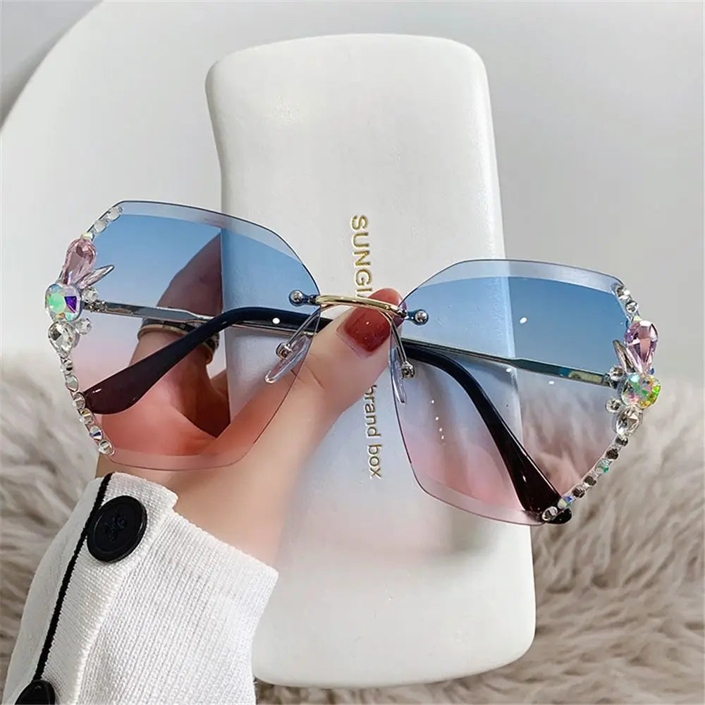 UV400 Rimless Rhinestone Sunglasses for Women – Shiny Diamond Cutting Lens Frameless Fashion Sunglasses NNOS
