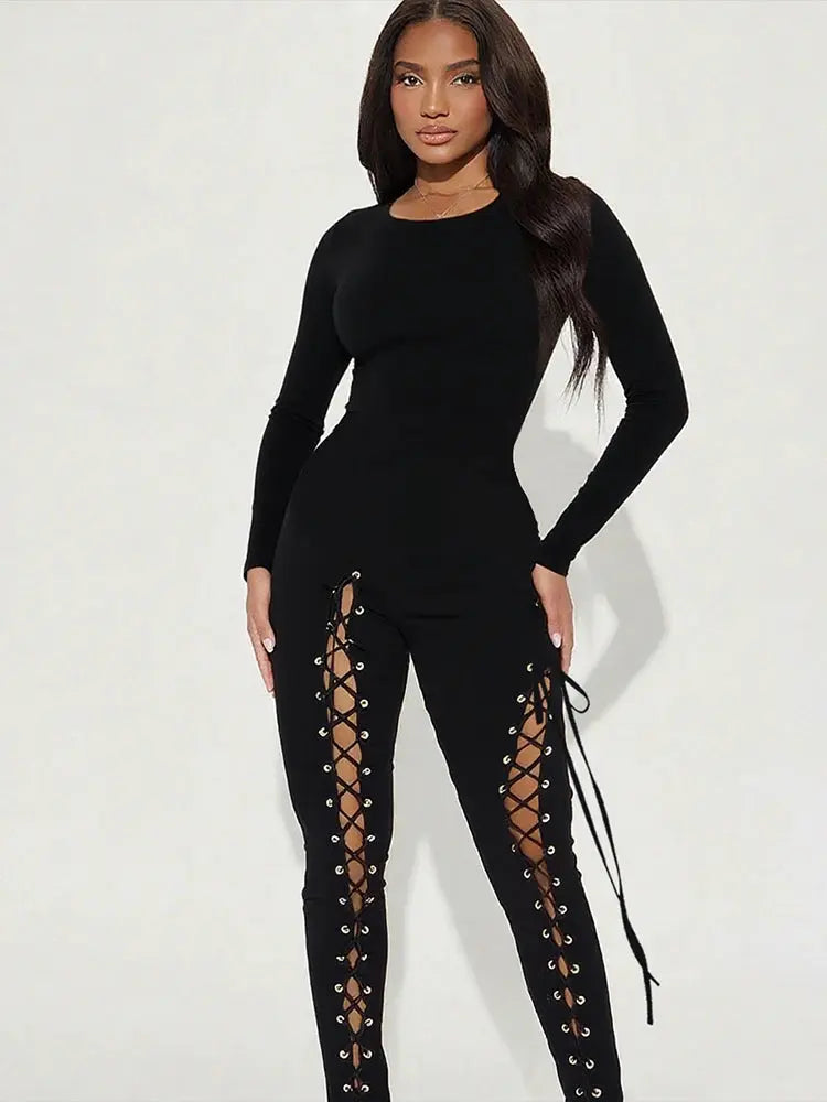 Sexy Fall Jumpsuits for Women DIY Shirring O-Neck Full Sleeve Stretch Polyester Slim Fit Ankle-Length Party Clubwear NNOS
