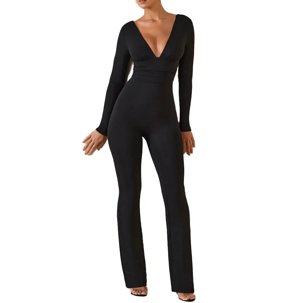 Black Pleated Big Flare Jumpsuit V Neck Long Sleeve Slim Fit Backless Pants for Women Sexy Casual Full-Length Polyester Trousers NNOS