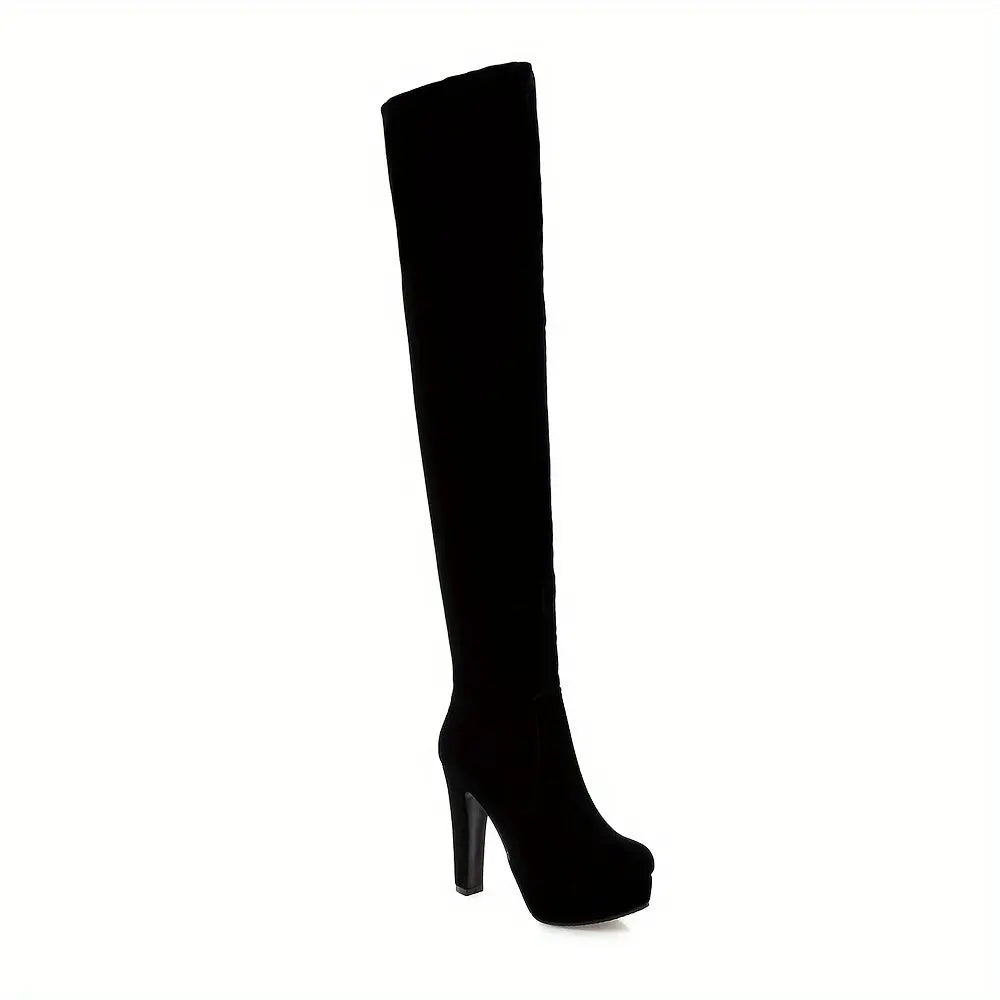 Women’s Over-the-Knee Boots – Chunky Block Heel, Zipper, Flannel Lined NNOS