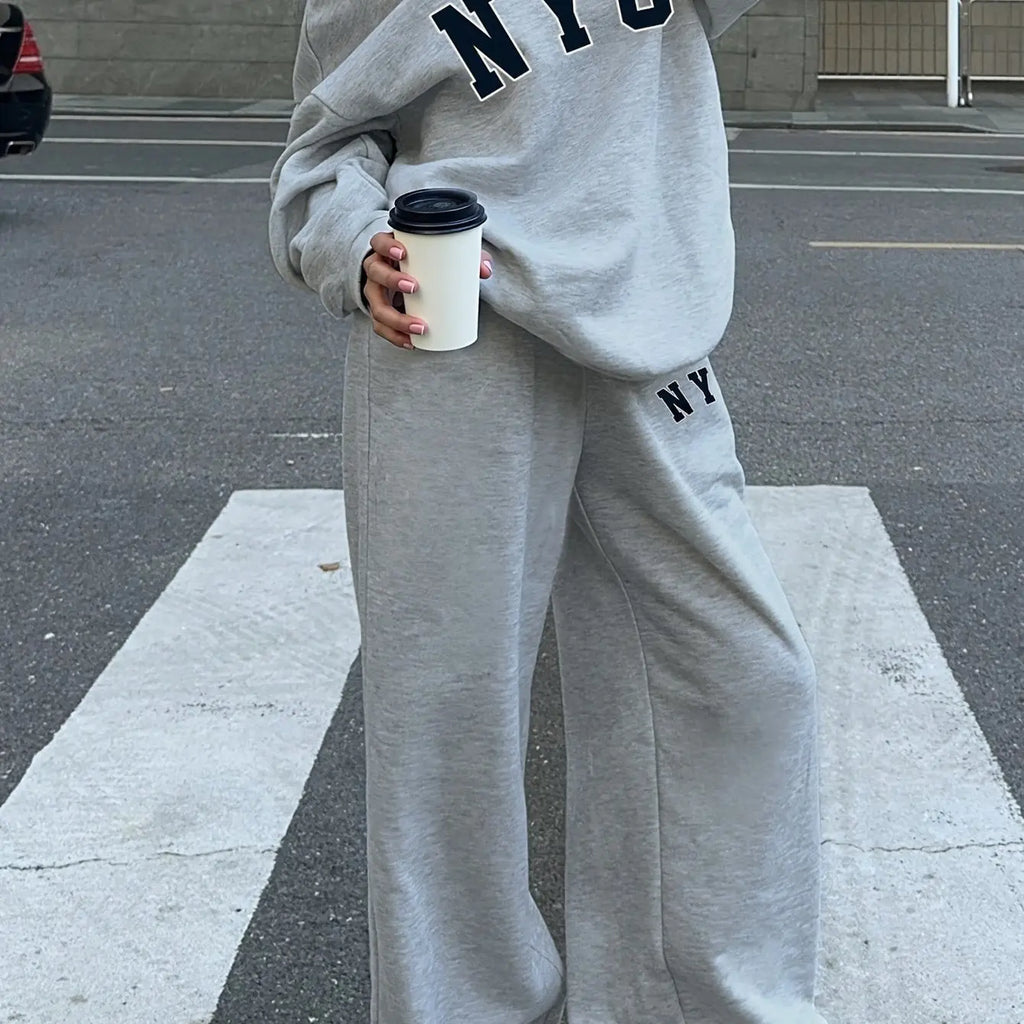 Women’s NYC Letter Fleece Set – Cozy Oversized Sweatshirt & Jogger Streetwear NNOS