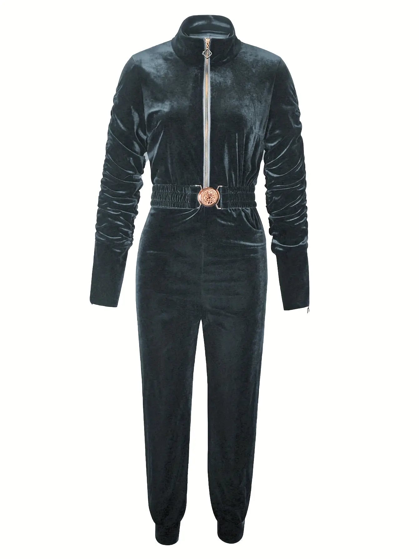 Women’s Stylish Zipper Jumpsuit – Long Sleeve Gray One-Piece with Elastic Waist NNOS