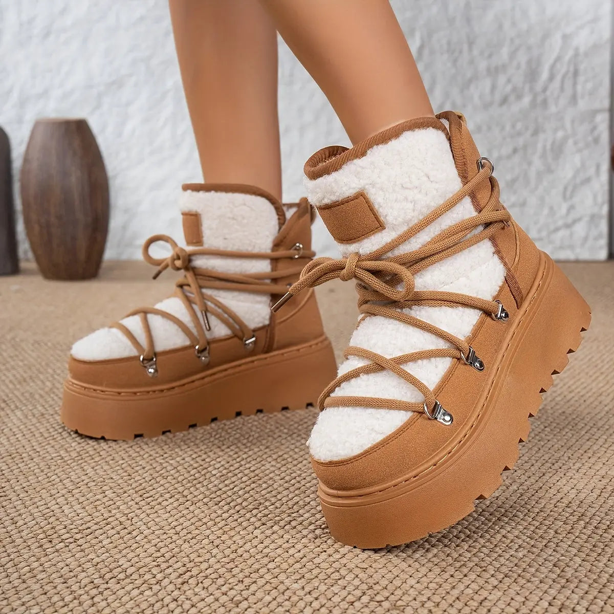 Women’s Cozy Fleece-Lined Winter Boots – Warm Lace-Up Snow Shoes with Buckles NNOS
