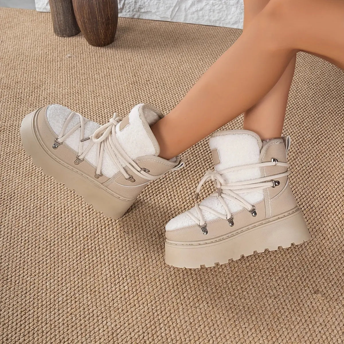 Women’s Cozy Fleece-Lined Winter Boots – Warm Lace-Up Snow Shoes with Buckles NNOS