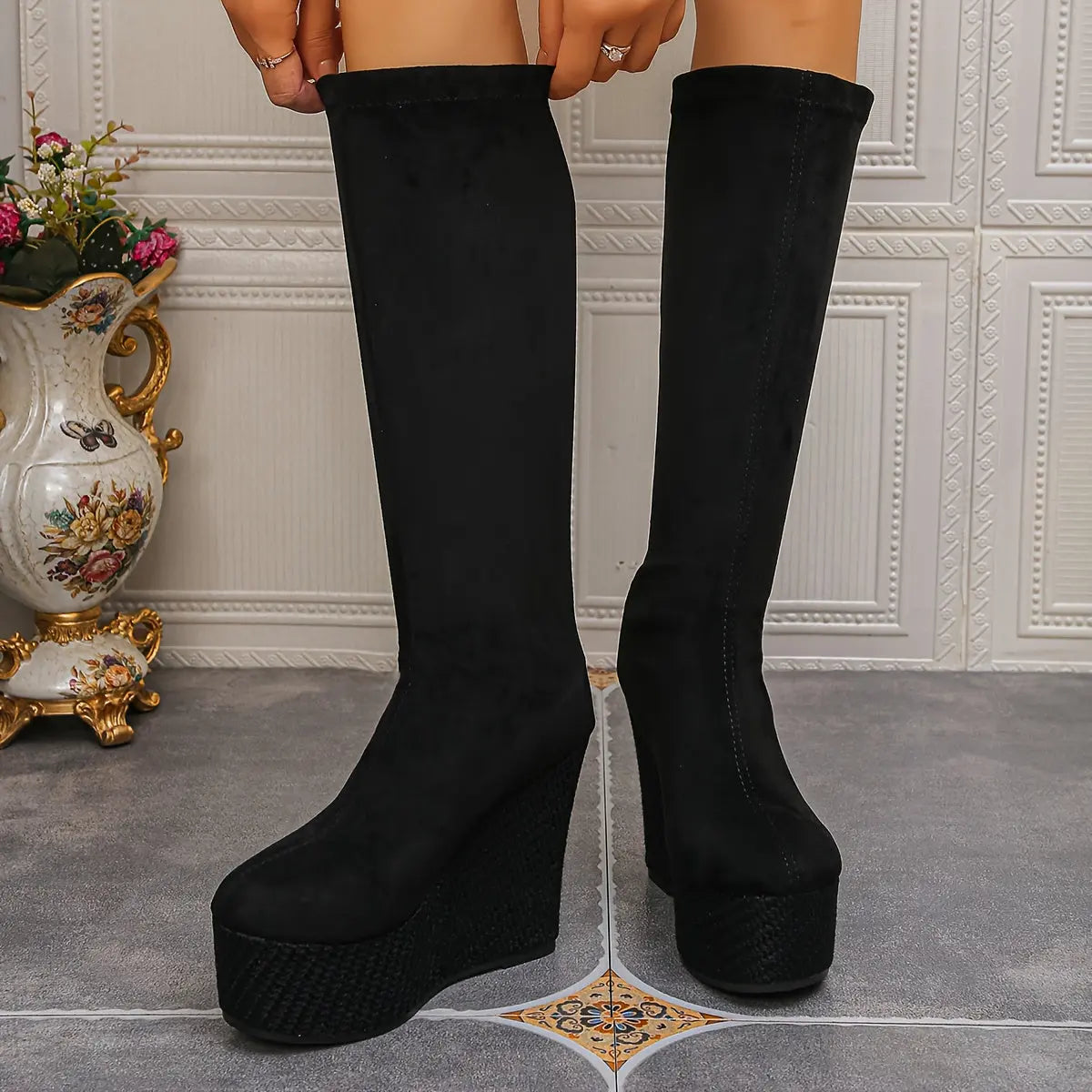 Women’s Stretch Knee-High Boots – Ultra High Heel Thick Sole Height Boosters NNOS
