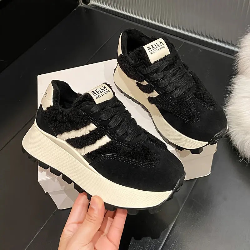 Women’s Winter Lace-Up Sneakers – Cozy Plush Lined Casual Shoes with Cushion NNOS