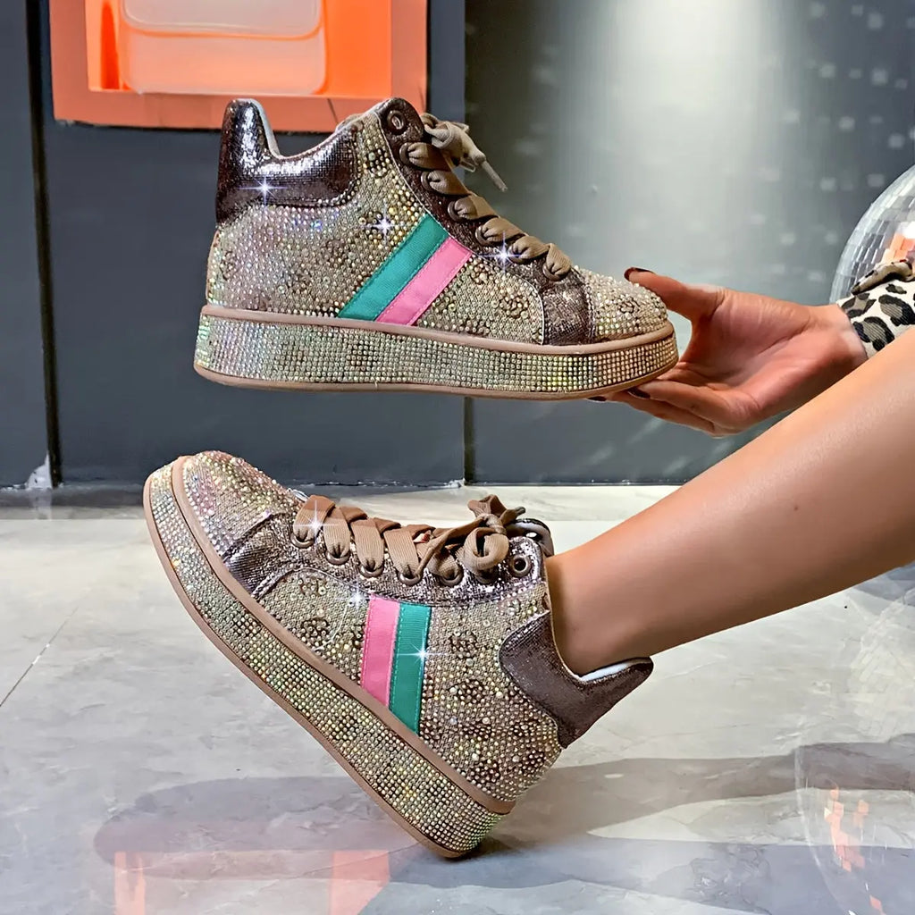Women’s High-Top Rhinestone Sneakers – Sparkling Platform Lace-Up Casual Shoes NNOS