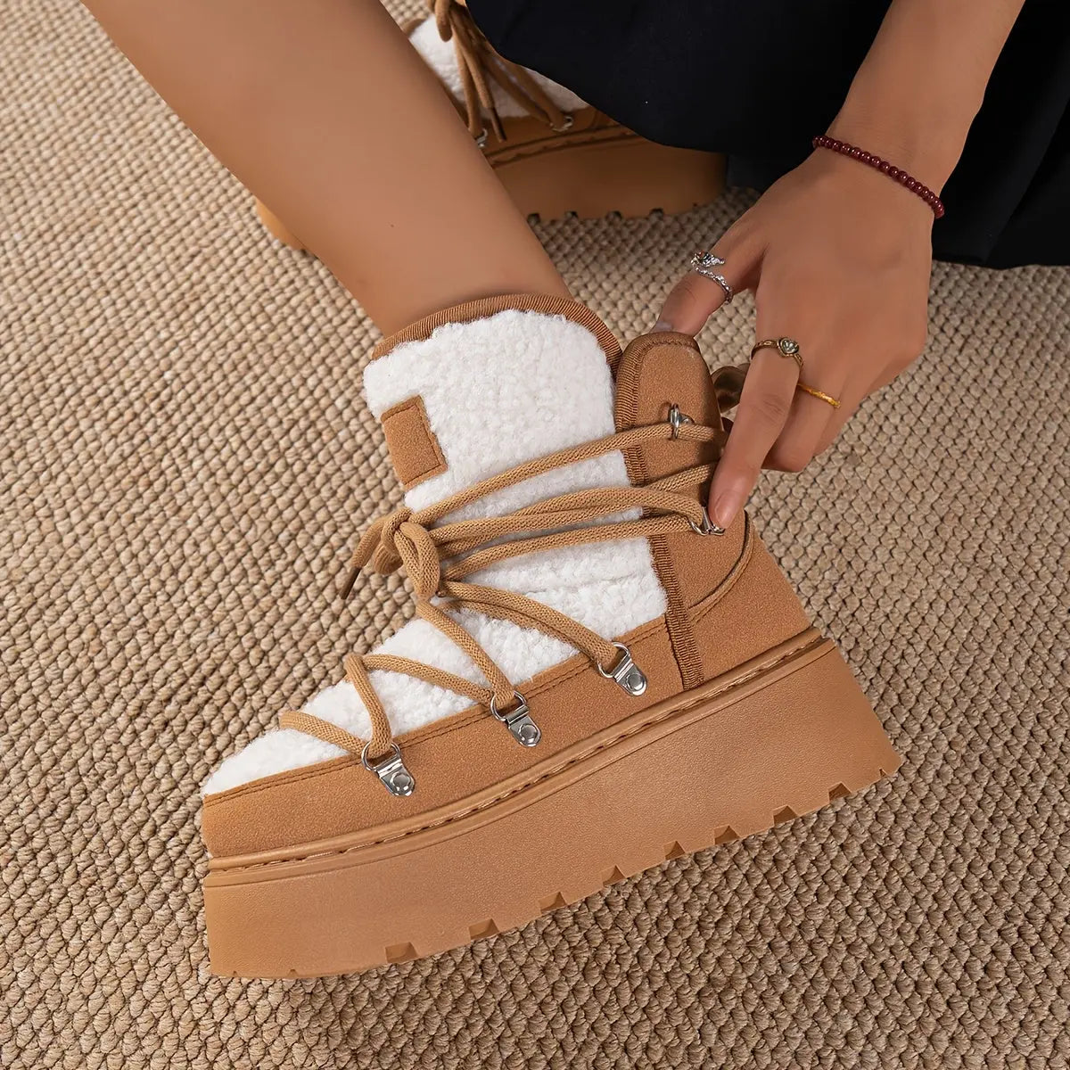 Women’s Cozy Fleece-Lined Winter Boots – Warm Lace-Up Snow Shoes with Buckles NNOS