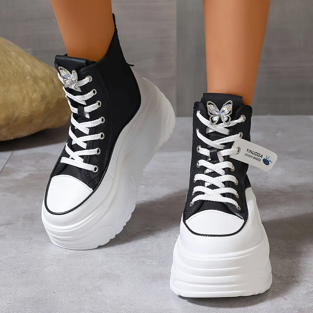 Women’s Rhinestone Butterfly Sneakers – High-Top Lace-Up Platform Preppy Shoes NNOS