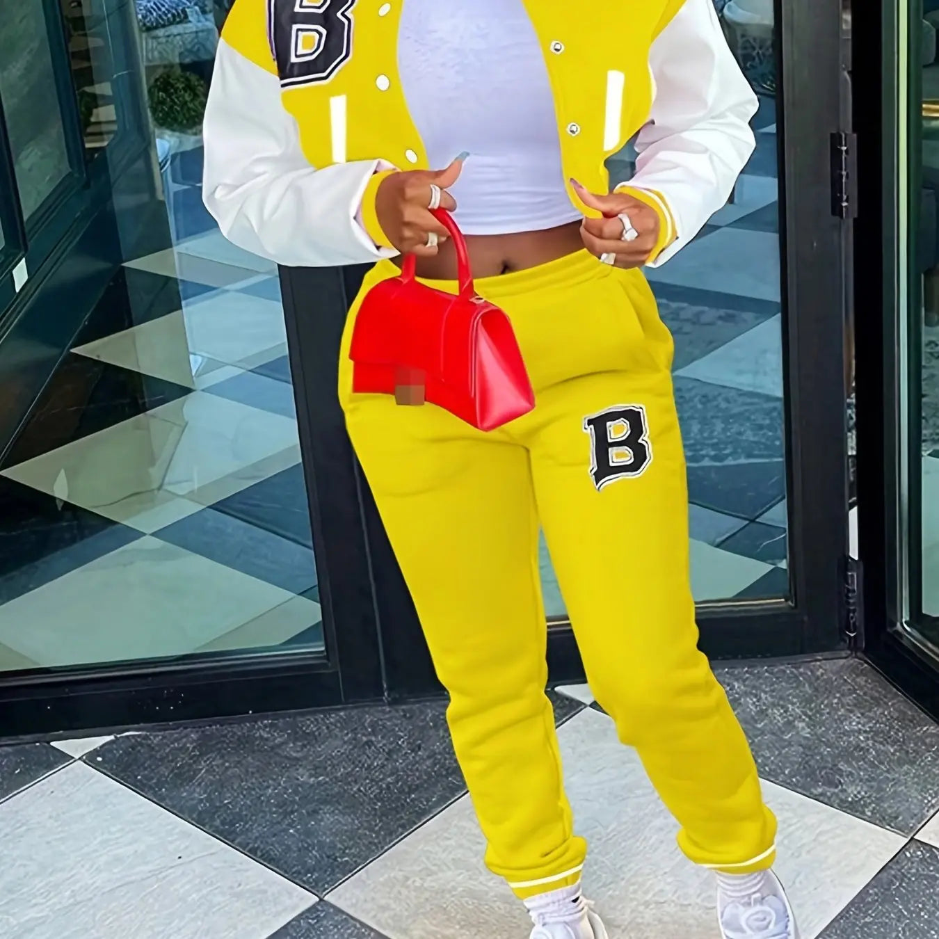 Chic, Women's Casual Letter Print Baseball Jacket and Pants Set - Red and White, Polyester Blend, Machine Washable, Fall/Winter Fashion Ensemble NNOS