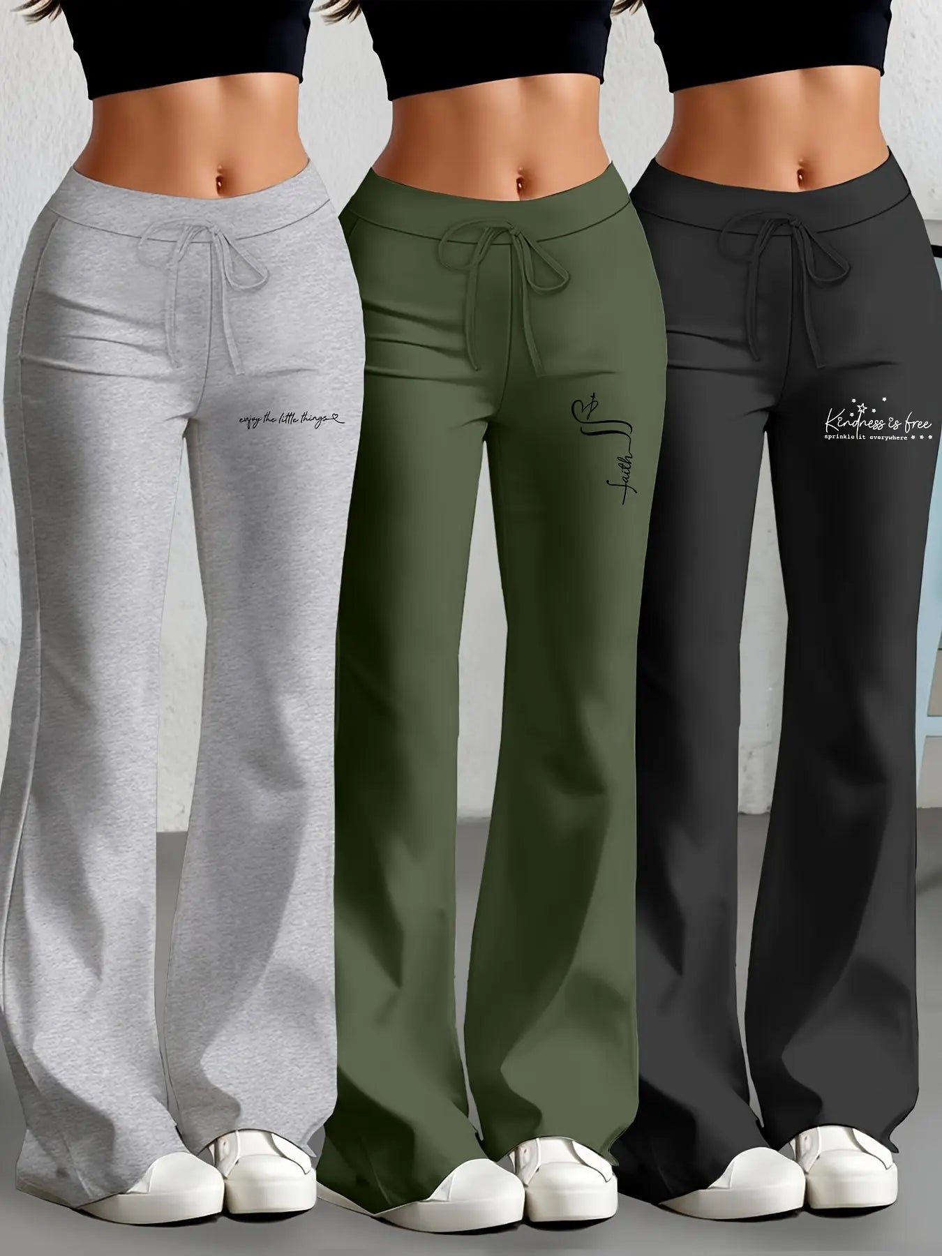 European and American Women's Straight-Leg Flare Pants Classic Personality English Text Print Long Pants 3pcs Set NNOS