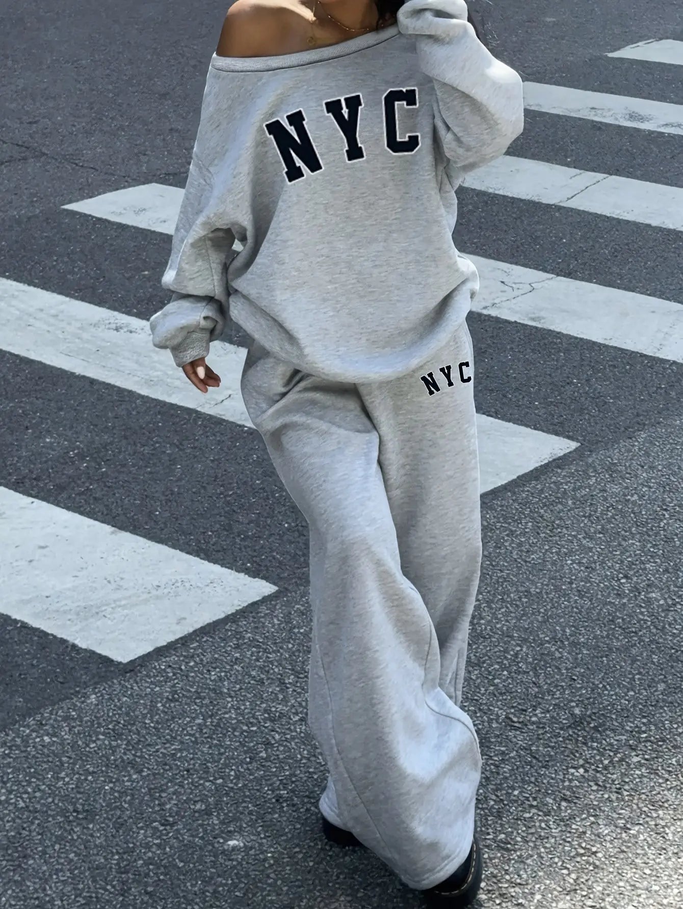 Women’s NYC Letter Fleece Set – Cozy Oversized Sweatshirt & Jogger Streetwear NNOS