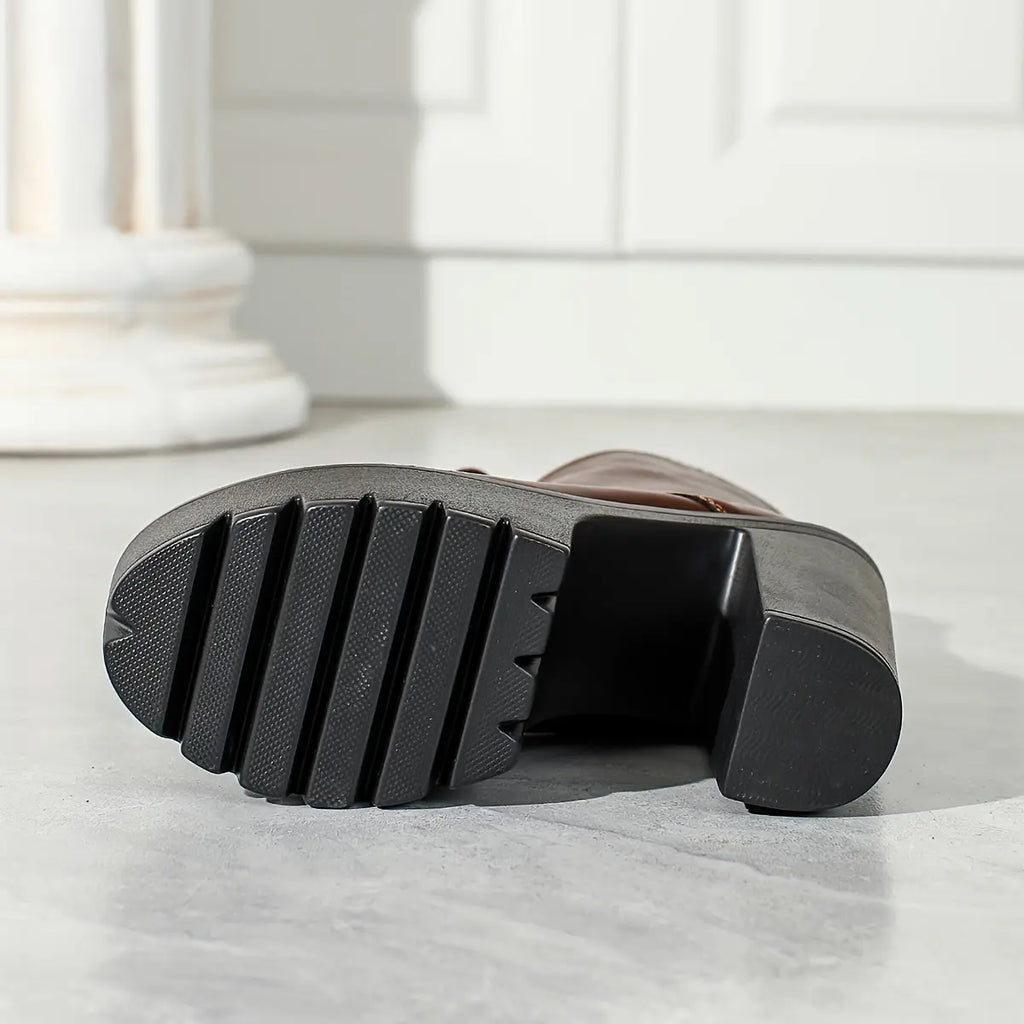 Women’s Chunky Platform Boots – Brown Lace-Up Zip Heeled Boots with Non-Slip Sole NNOS