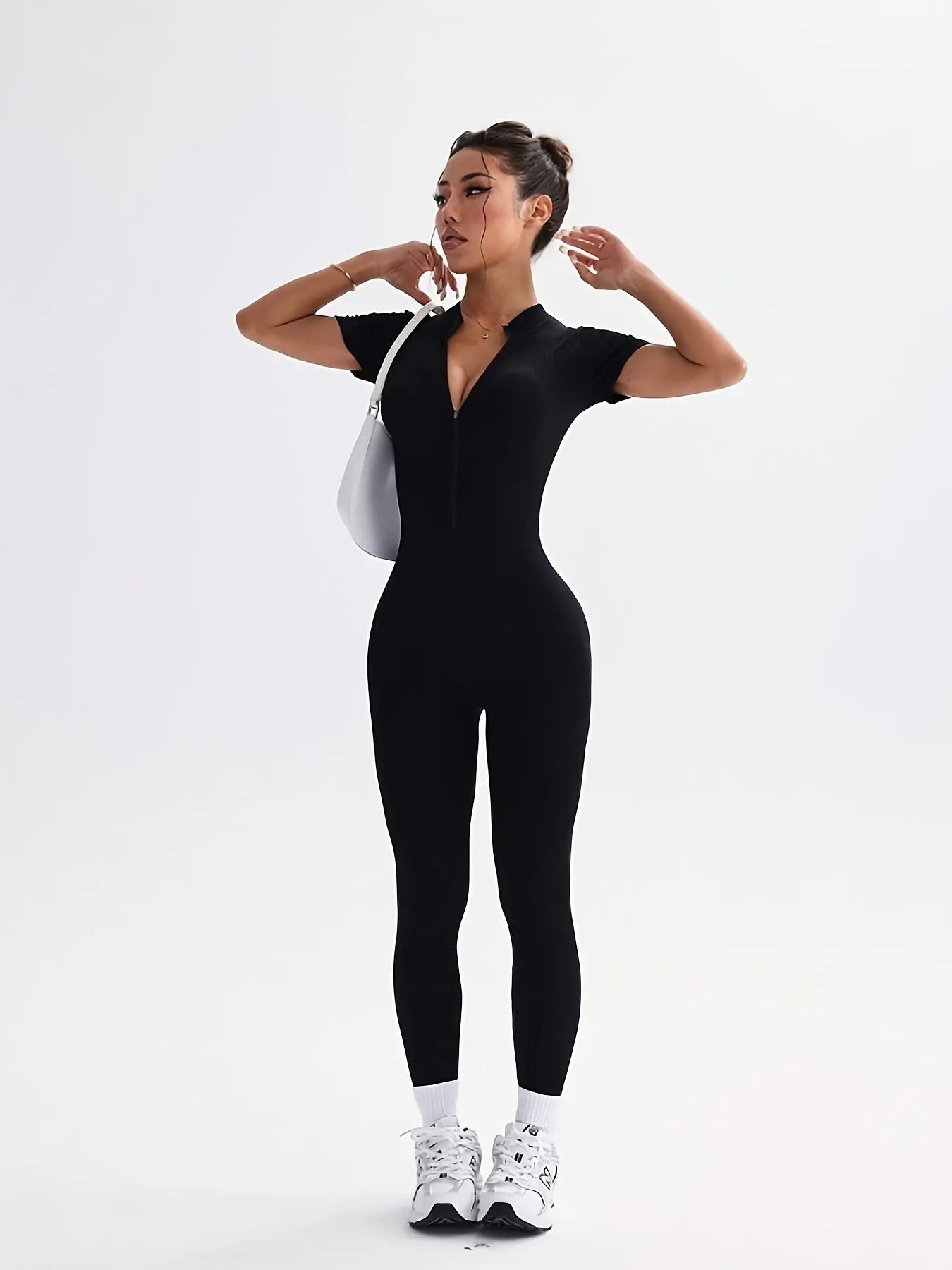 Women’s High-Waist Yoga Onesie – Stretchy Zipper Athletic Jumpsuit Activewear NNOS