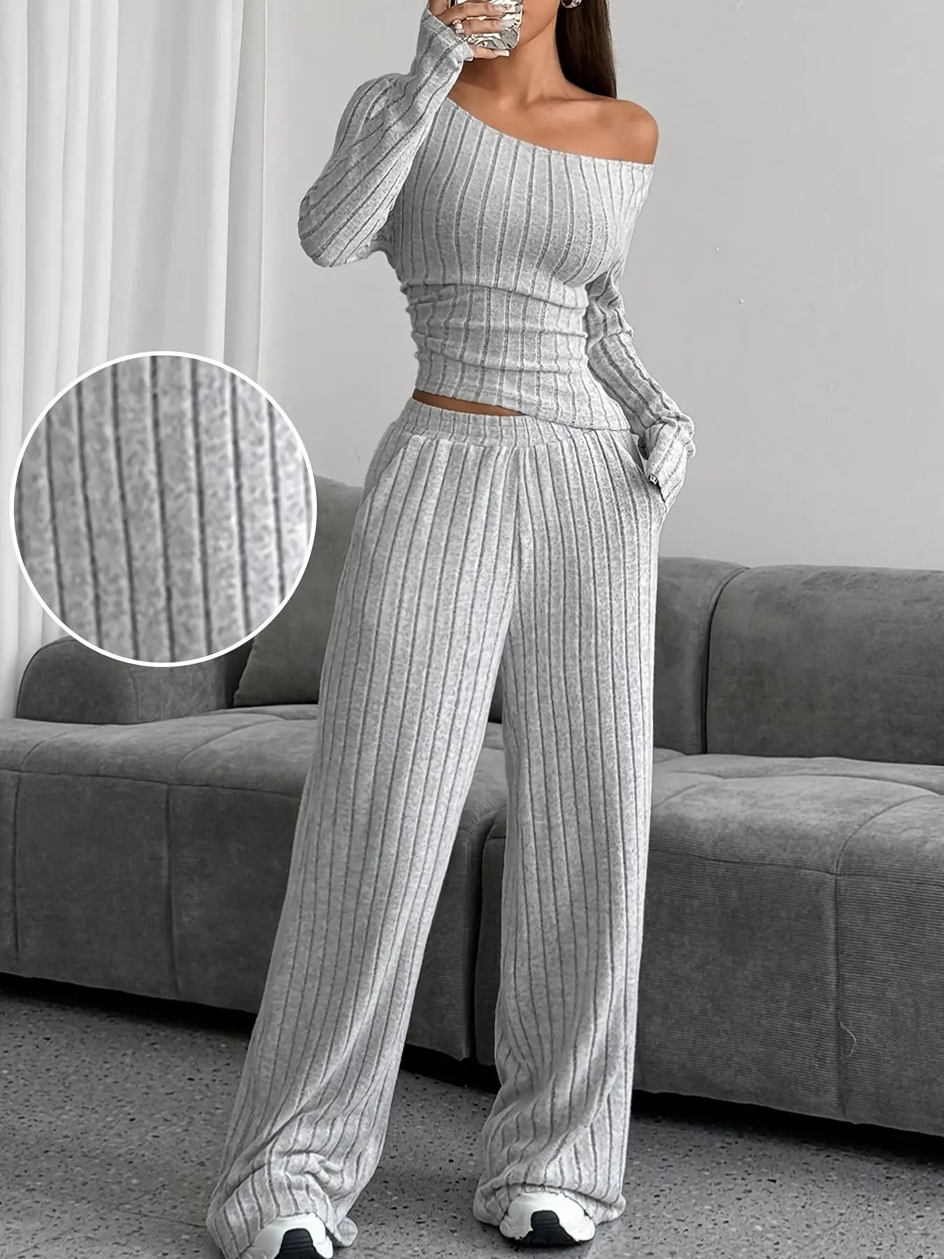 Elegant Knit Suit, Deep Gray, Scoop Neck, One Shoulder, Asymmetrical Shoulde NNOS