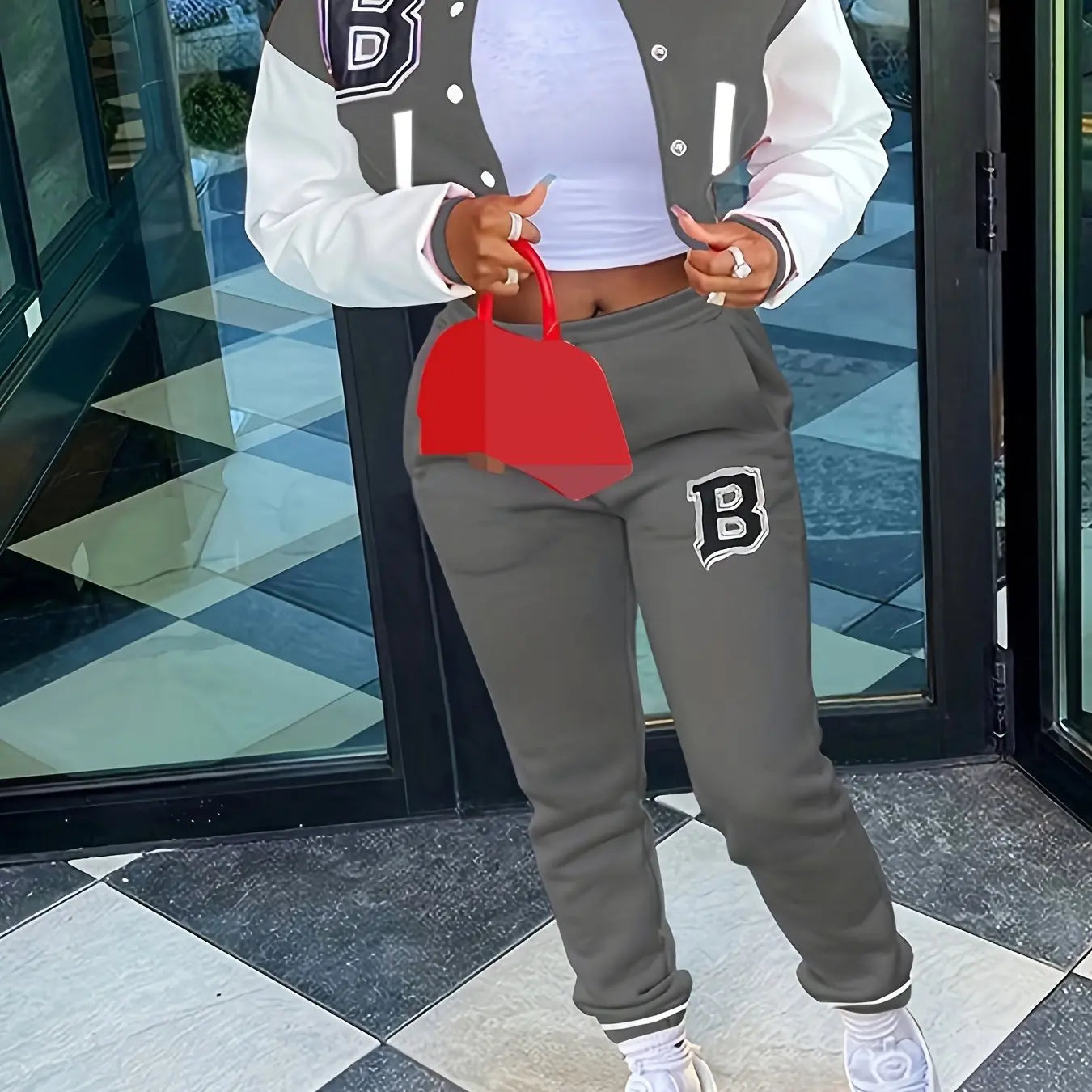 Chic, Women's Casual Letter Print Baseball Jacket and Pants Set - Red and White, Polyester Blend, Machine Washable, Fall/Winter Fashion Ensemble NNOS