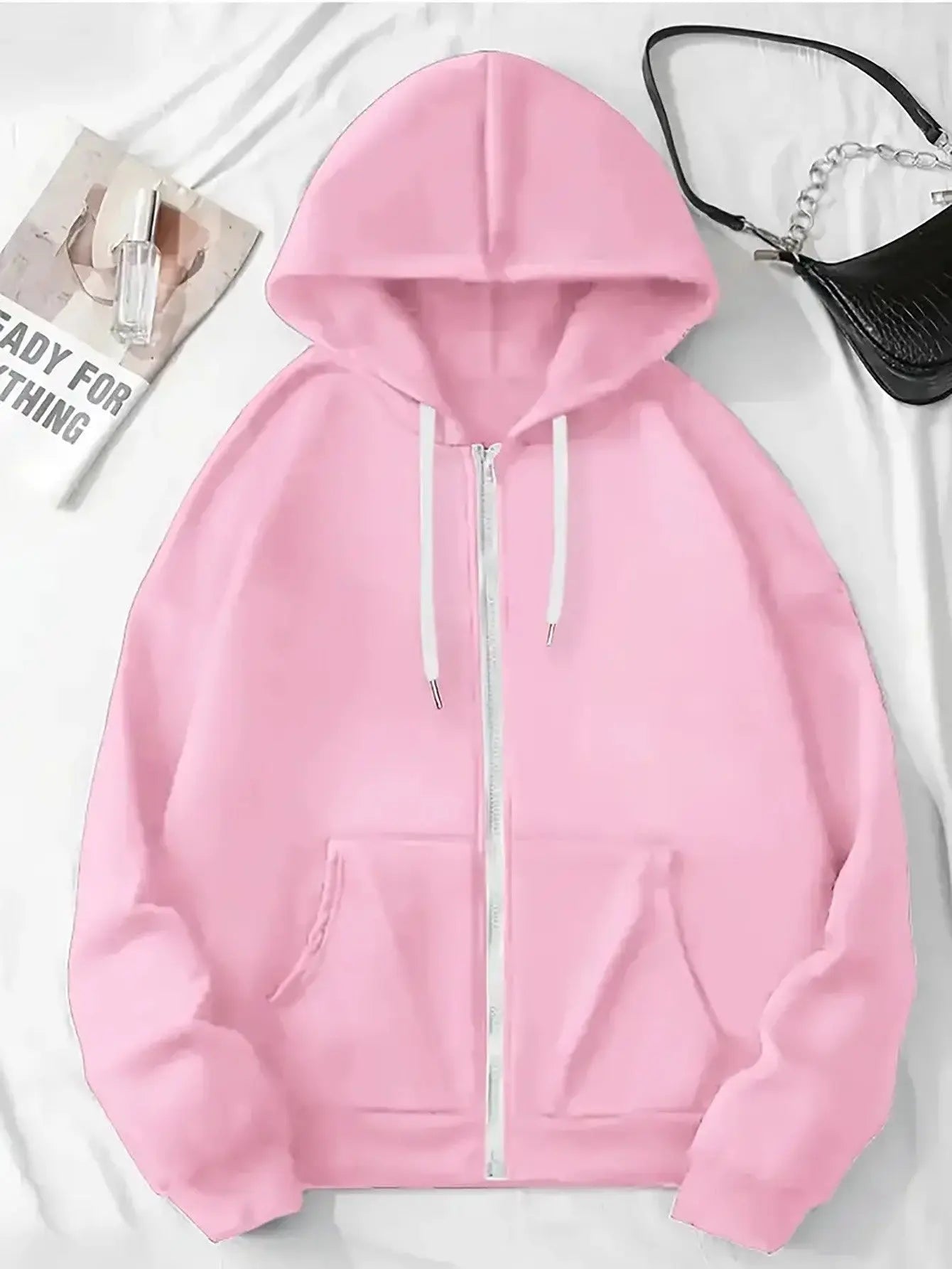 Women’s Pink "EMPORIO" Hoodie – Vibrant Zip-Up Sweatshirt with Three-Stripes NNOS