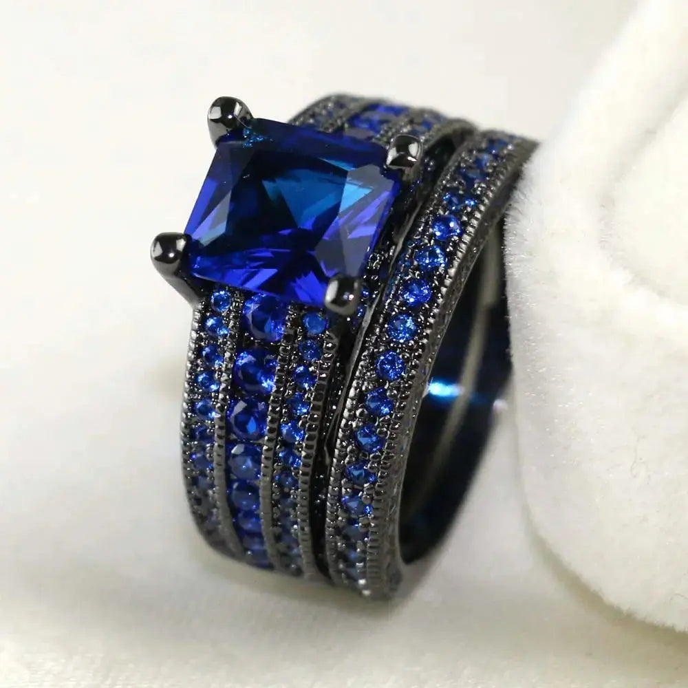 Couple's Romantic Blue Rhinestone Ring Set - Trendy Stainless Steel Fashion Jewelry for Men and Women, Perfect Gift for Lovers product image