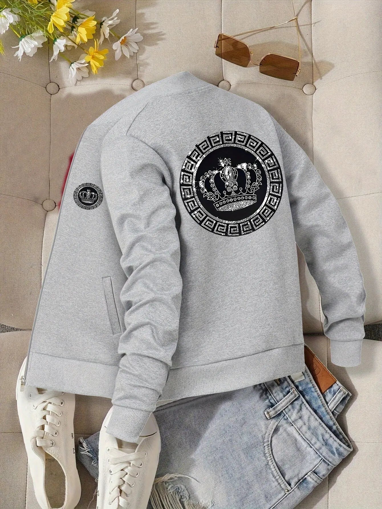 Women’s Crown Print Baseball Jacket – Lightweight Zip-Up Casual Streetwear NNOS