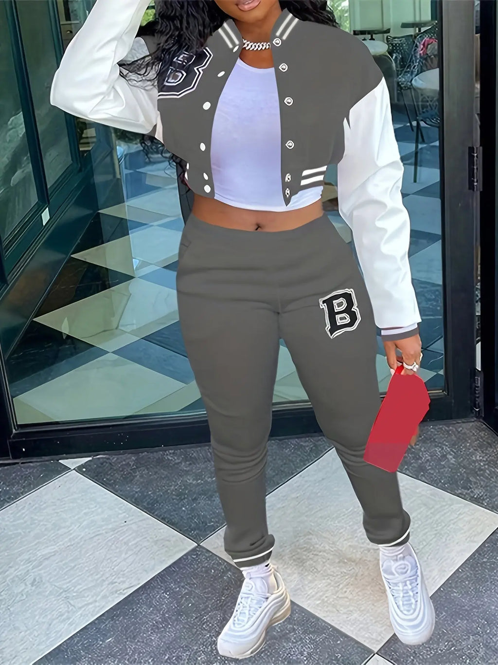 Chic, Women's Casual Letter Print Baseball Jacket and Pants Set - Red and White, Polyester Blend, Machine Washable, Fall/Winter Fashion Ensemble NNOS