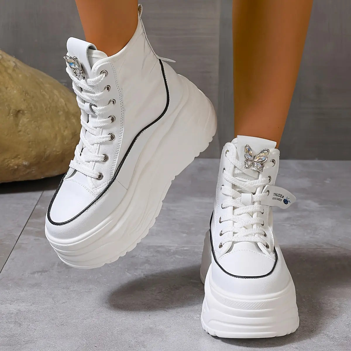 Women’s Rhinestone Butterfly Sneakers – High-Top Lace-Up Platform Preppy Shoes NNOS