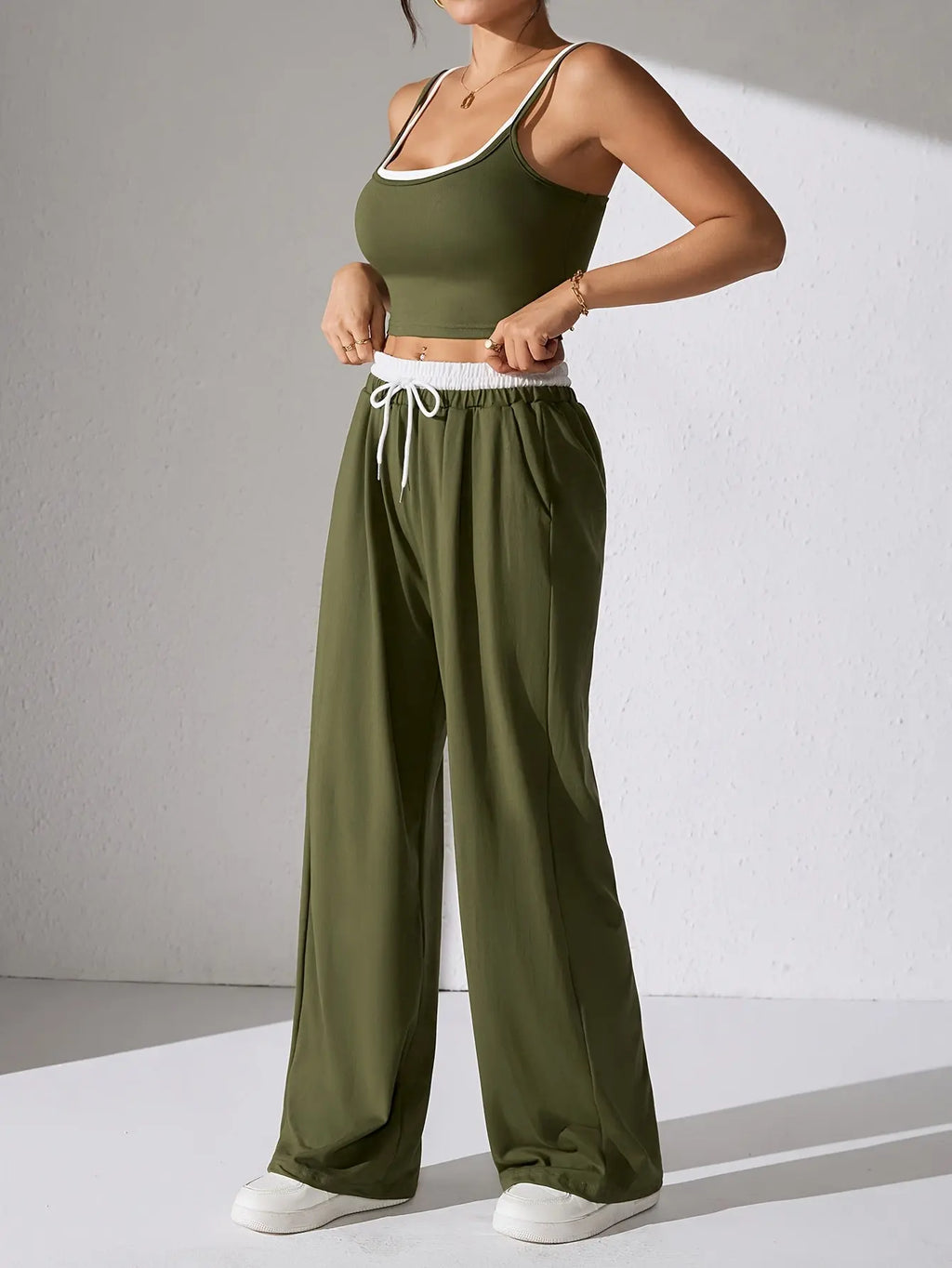 Women's Long Pants Suit Summer Sleeveless Crop Top and Trousers Casual Contrast Vest Set Elegant Two-Piece Outfit NNOS