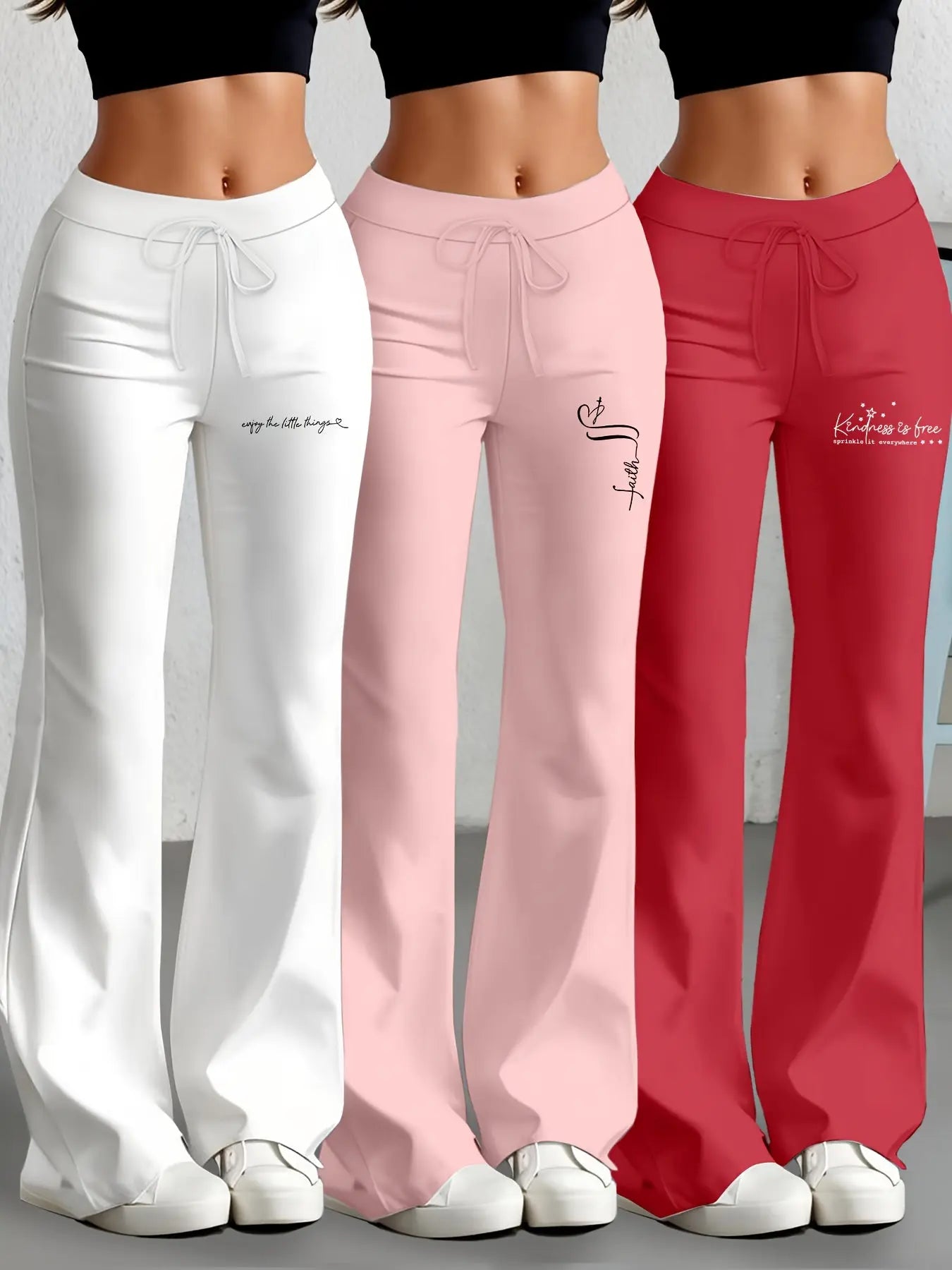European and American Women's Straight-Leg Flare Pants Classic Personality English Text Print Long Pants 3pcs Set NNOS