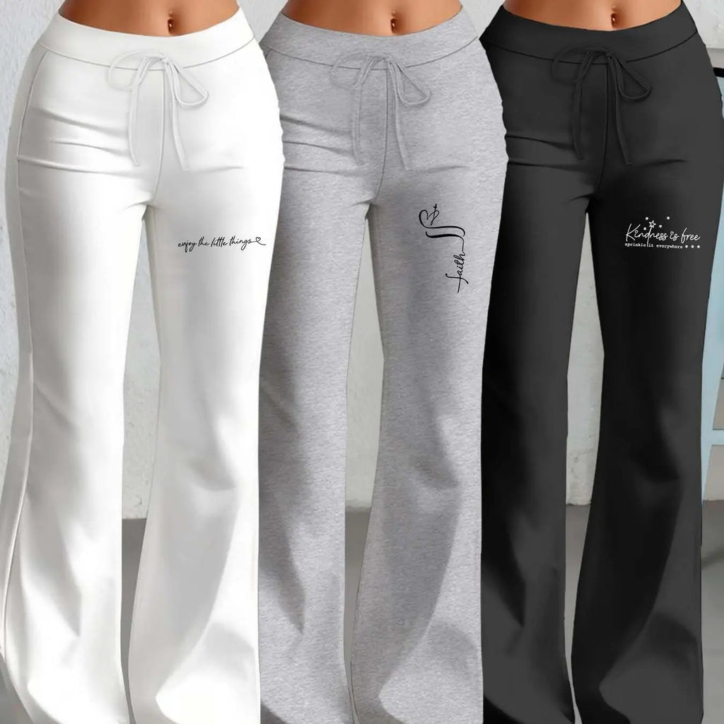 European and American Women's Straight-Leg Flare Pants Classic Personality English Text Print Long Pants 3pcs Set NNOS