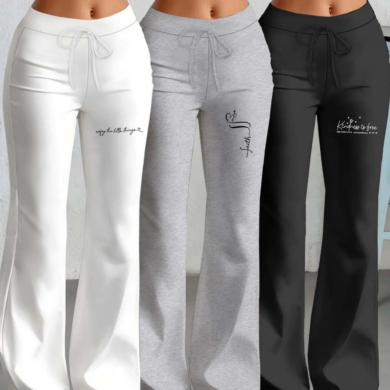 European and American Women's Straight-Leg Flare Pants Classic Personality English Text Print Long Pants 3pcs Set NNOS