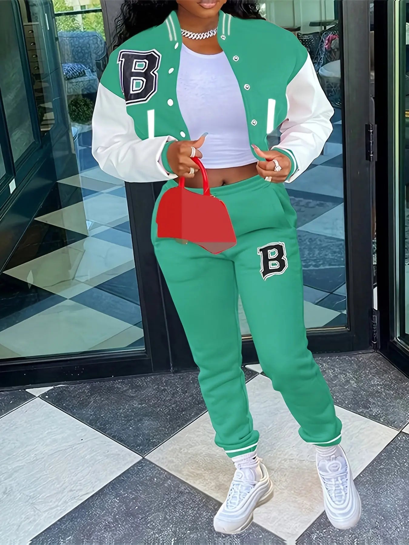 Chic, Women's Casual Letter Print Baseball Jacket and Pants Set - Red and White, Polyester Blend, Machine Washable, Fall/Winter Fashion Ensemble NNOS