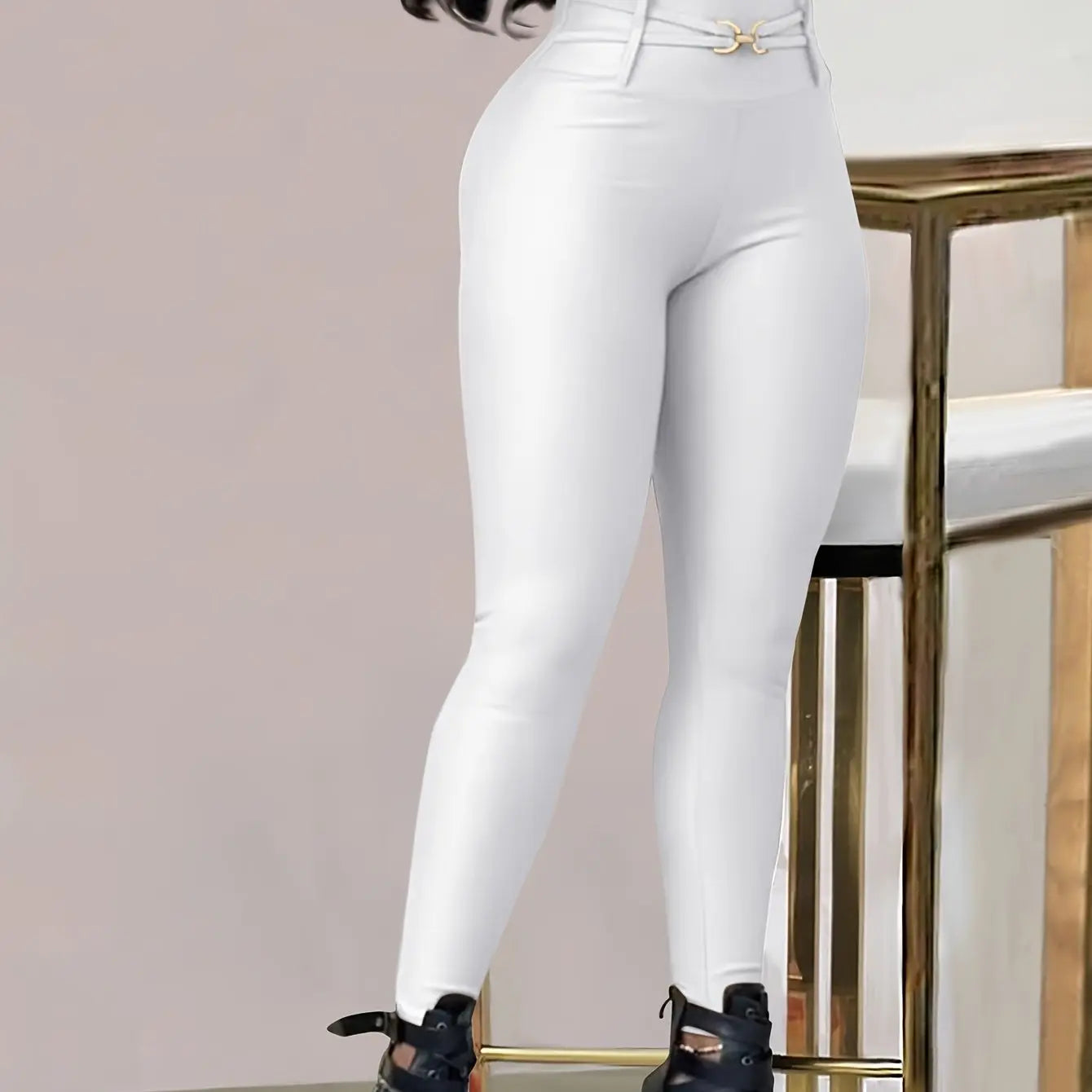 Women’s High-Waist Black Skinny Leggings – Stretchy Fit with Button Detail NNOS