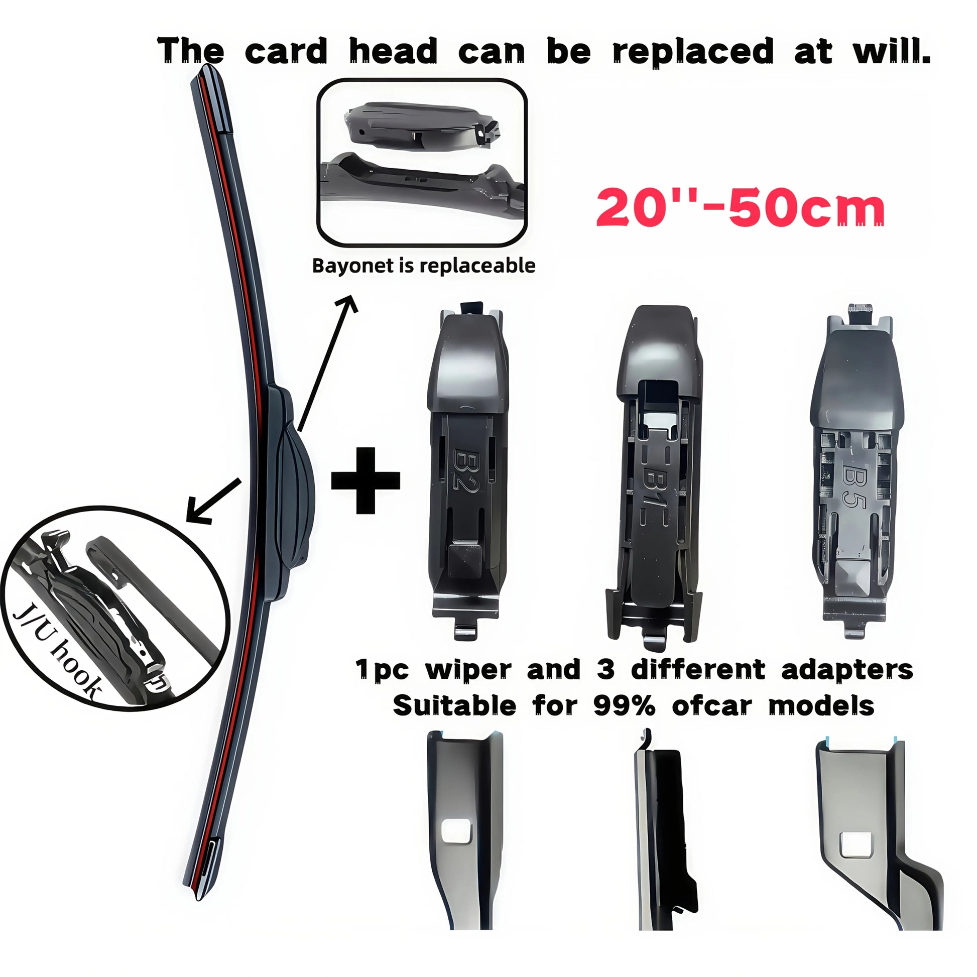 Brand New Upgraded All-Season Car Windshield Wipers with U/J Type Hook Blades + 3pcs Adapter Replacement Heads/6 Rubber Strips for Car Wipers, Featuring a High-Quality Rubber Stable Base Design for Quiet, Durable, And Clear A NNOS