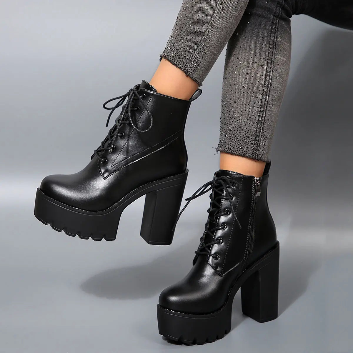 8 Sizes Available Women's High Heel Ankle Boots with Thick Sole and Back Zipper, Fashionable Outdoor Booties for Ladies NNOS