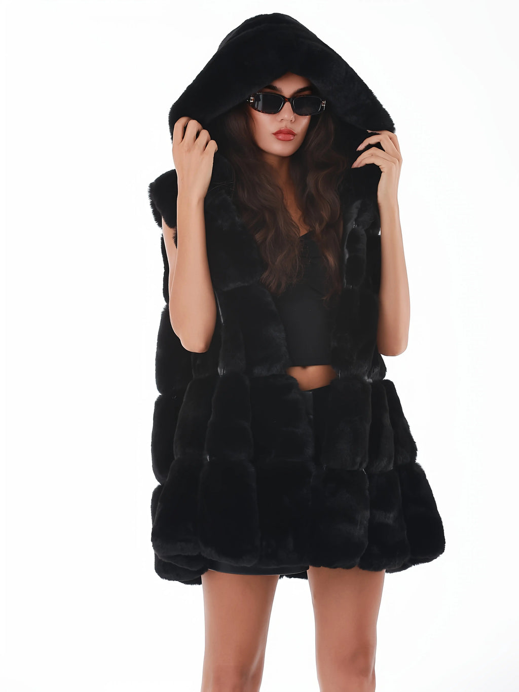 Women'S Faux Fur Hooded Jacket - Sleeveless Winter Coat with Pockets, Black, Casual Style, Warm Winter Outerwear, Winter Jacket NNOS