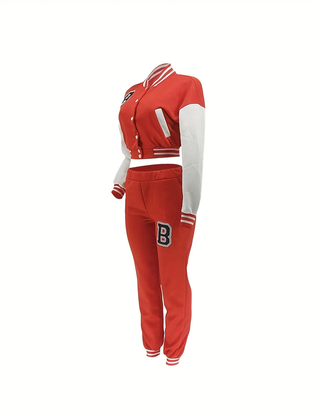 Chic, Women's Casual Letter Print Baseball Jacket and Pants Set - Red and White, Polyester Blend, Machine Washable, Fall/Winter Fashion Ensemble NNOS