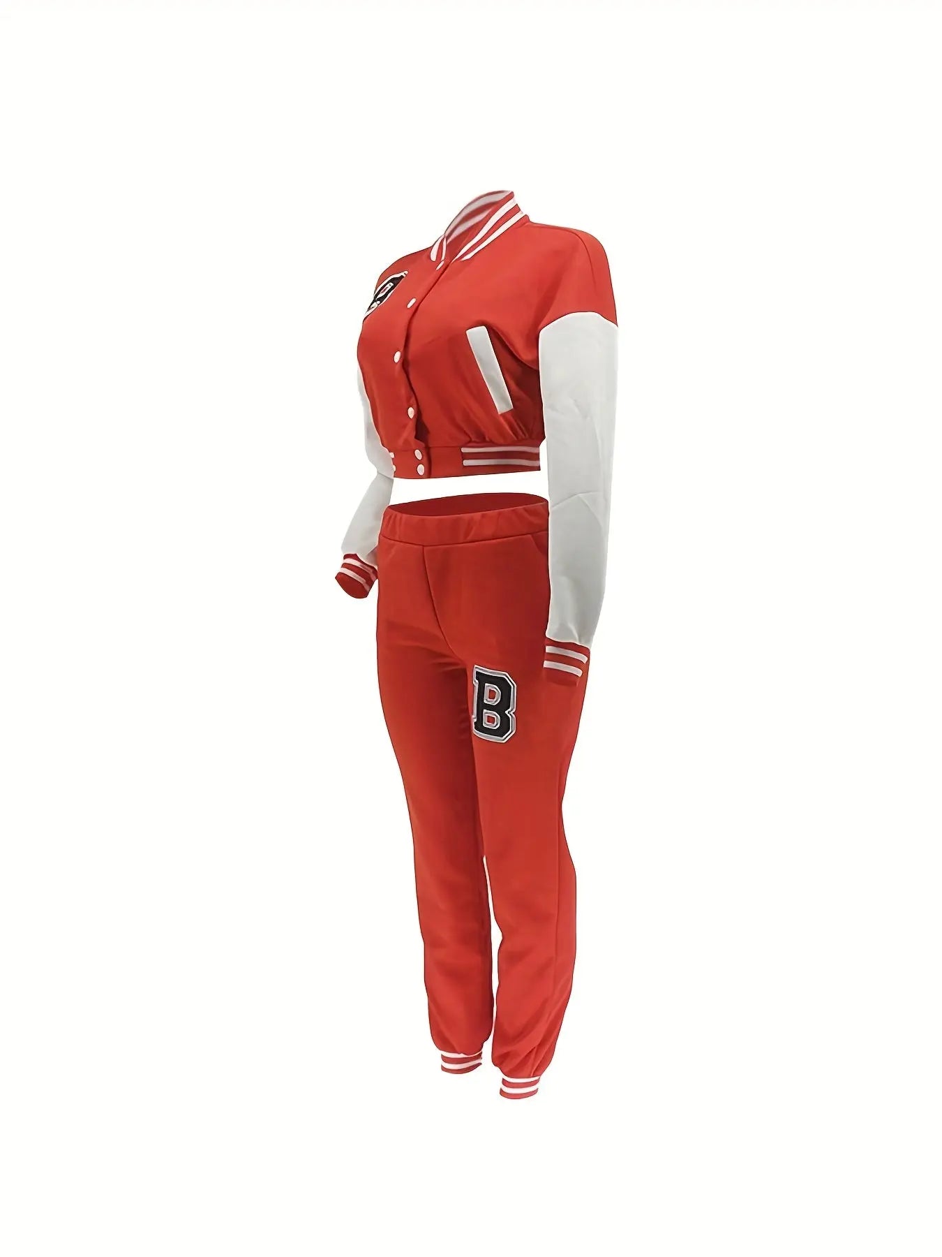 Chic, Women's Casual Letter Print Baseball Jacket and Pants Set - Red and White, Polyester Blend, Machine Washable, Fall/Winter Fashion Ensemble NNOS