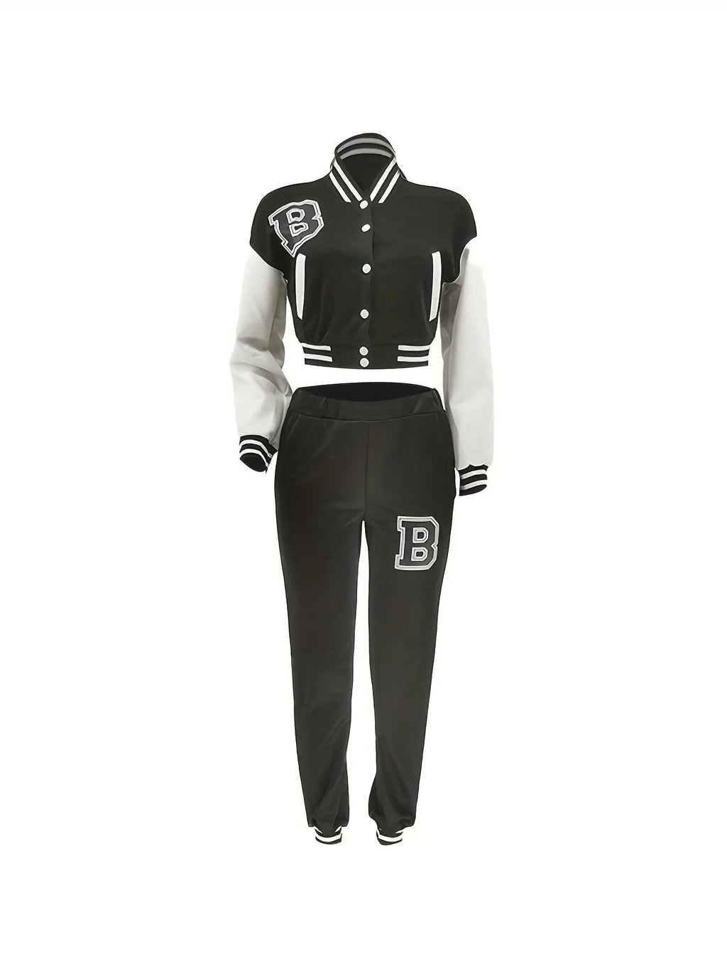 Chic, Women's Casual Letter Print Baseball Jacket and Pants Set - Red and White, Polyester Blend, Machine Washable, Fall/Winter Fashion Ensemble NNOS