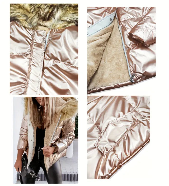 Women’s Cozy Faux Fur Hooded Jacket – Thick Zip-Up Winter Coat with Pockets NNOS