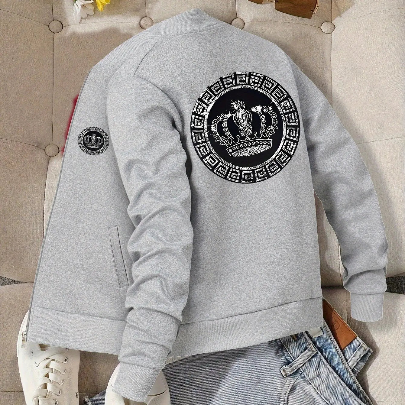 Women’s Crown Print Baseball Jacket – Lightweight Zip-Up Casual Streetwear NNOS