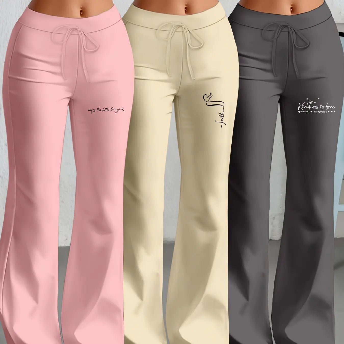 European and American Women's Straight-Leg Flare Pants Classic Personality English Text Print Long Pants 3pcs Set NNOS