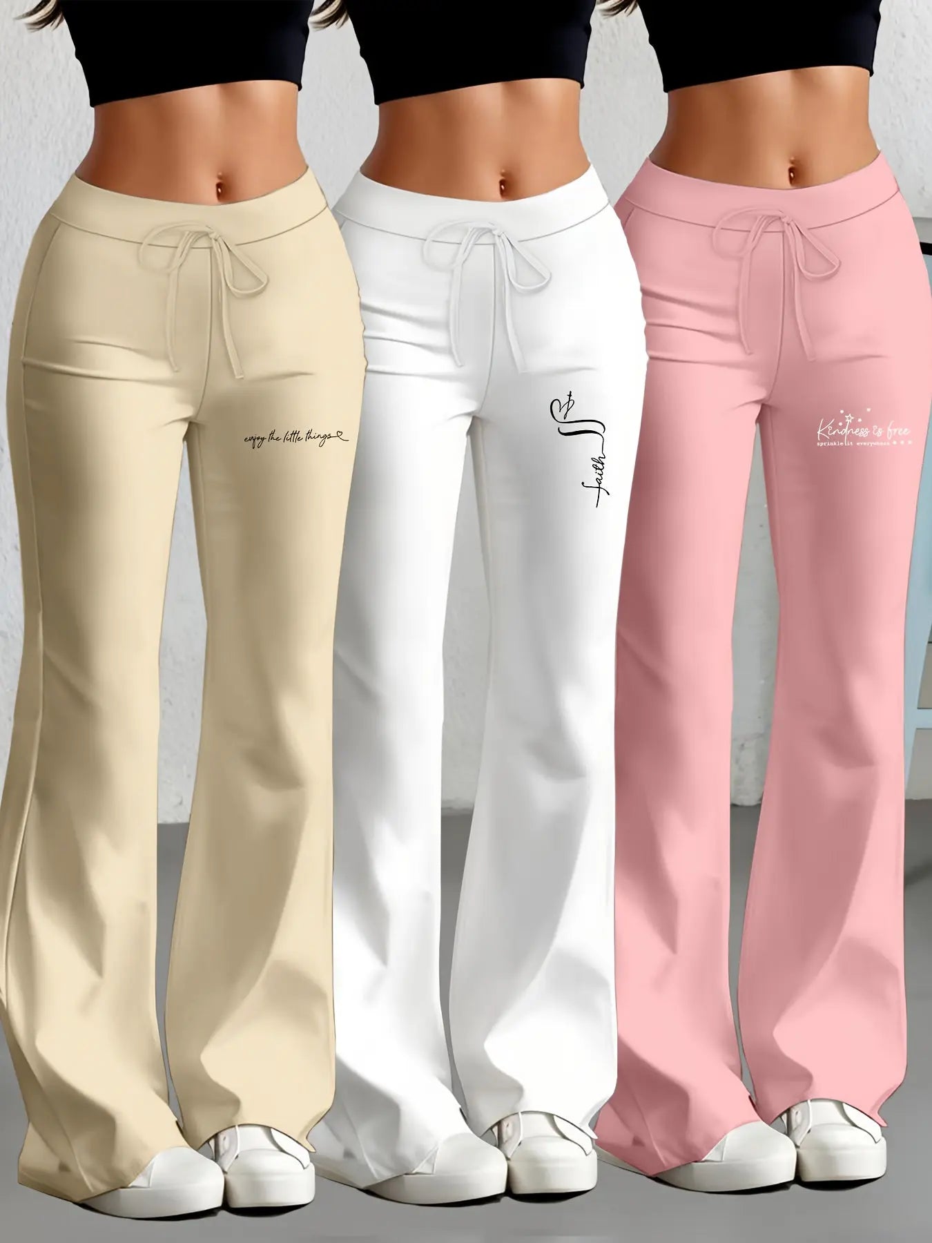 European and American Women's Straight-Leg Flare Pants Classic Personality English Text Print Long Pants 3pcs Set NNOS
