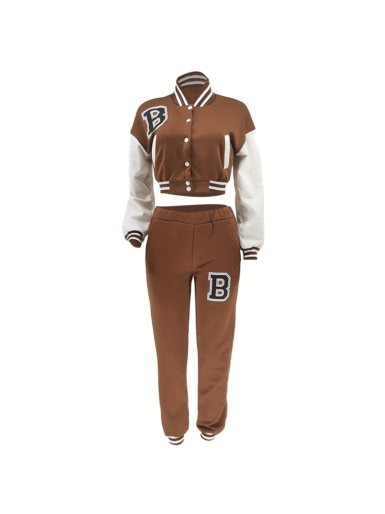 Chic, Women's Casual Letter Print Baseball Jacket and Pants Set - Red and White, Polyester Blend, Machine Washable, Fall/Winter Fashion Ensemble NNOS