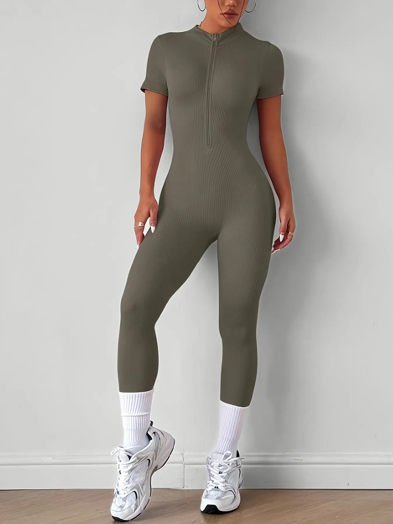 Women’s High-Waist Yoga Onesie – Stretchy Zipper Athletic Jumpsuit Activewear NNOS