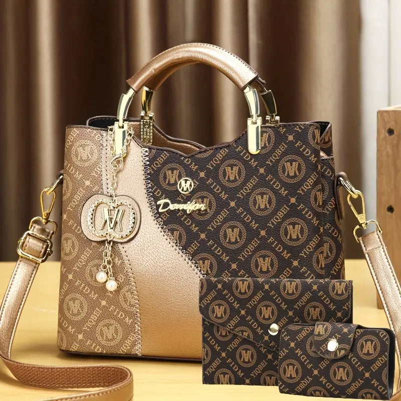 Three-Piece Set Women's Trendy Shoulder Bag, Vintage Print Crossbody Handbag NNOS