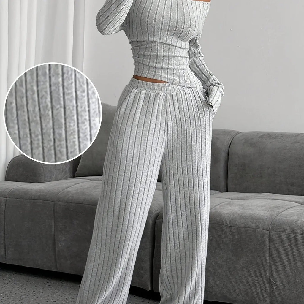 Elegant Knit Suit, Deep Gray, Scoop Neck, One Shoulder, Asymmetrical Shoulde NNOS
