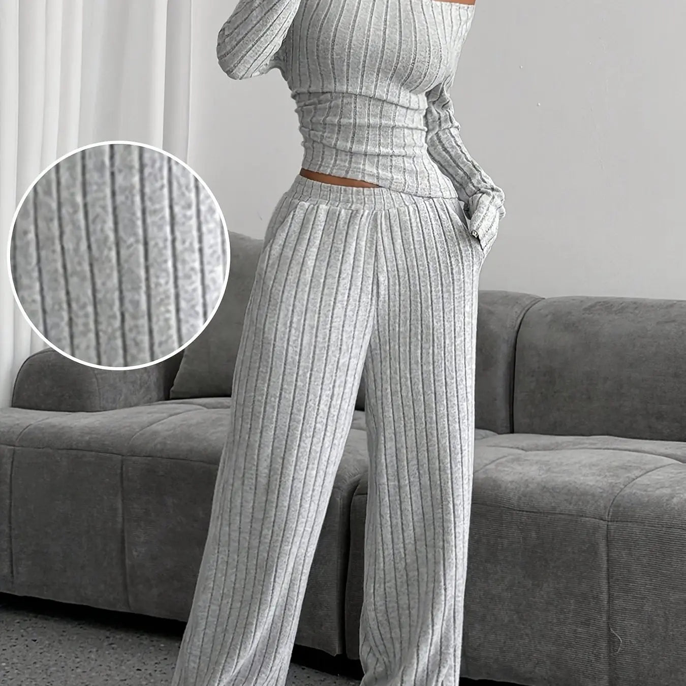 Elegant Knit Suit, Deep Gray, Scoop Neck, One Shoulder, Asymmetrical Shoulde NNOS