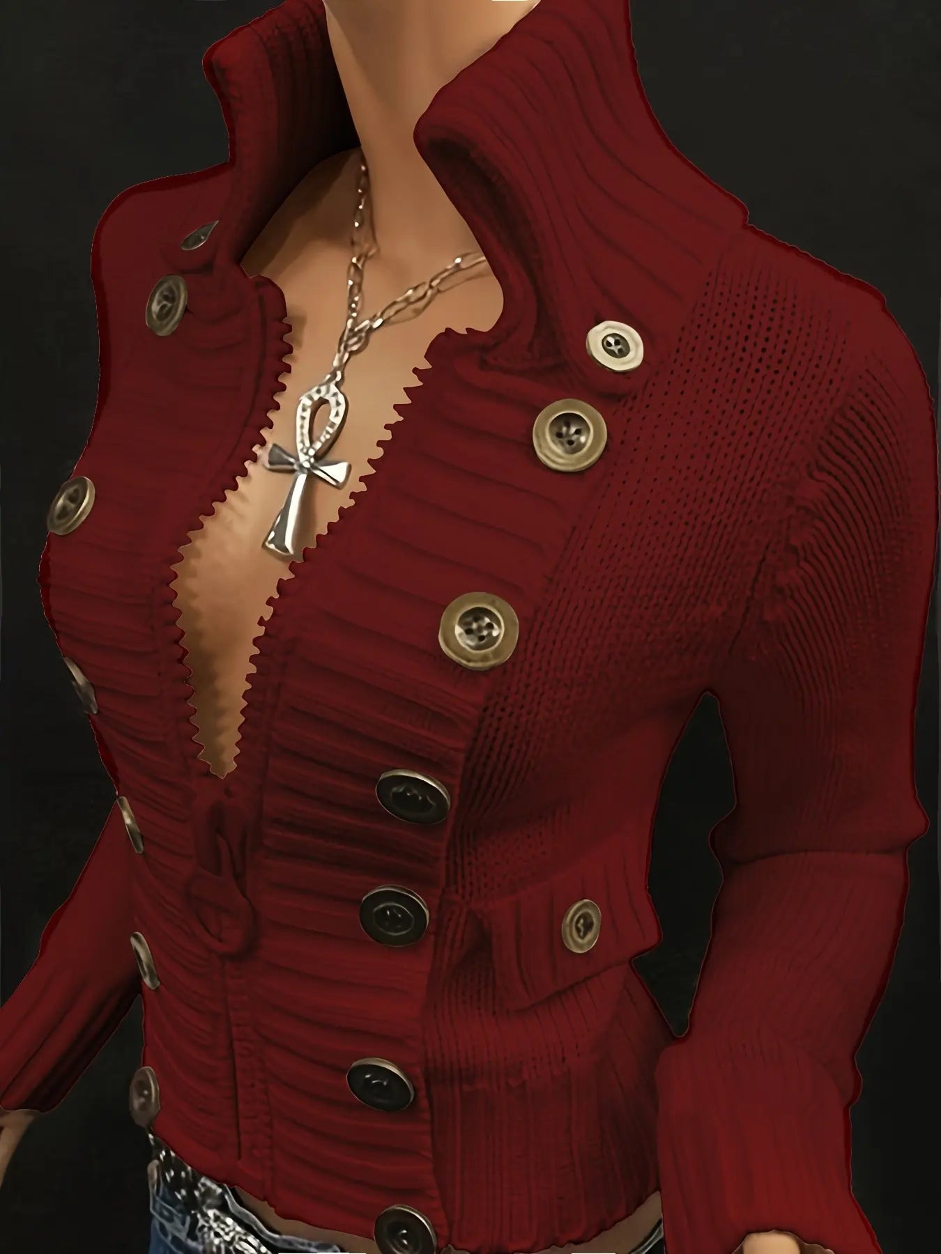 Multi-button decorated large zipper stand-up collar slim-fit cardigan NNOS