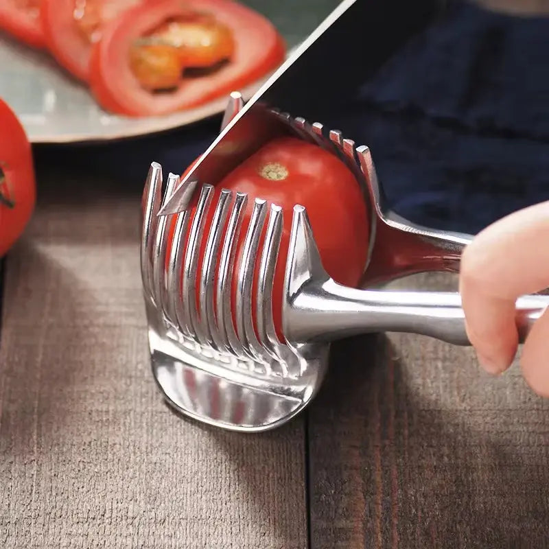 Slice like a pro! 🍊🍅 Upgrade your kitchen with this stainless steel handheld citrus and tomato slicer! #KitchenGadgets #CookingEssentials