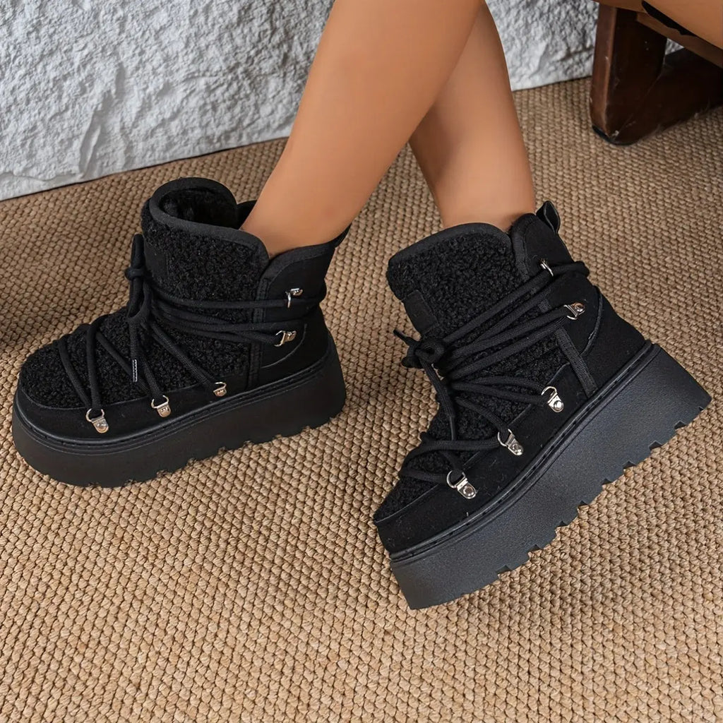 Women’s Cozy Fleece-Lined Winter Boots – Warm Lace-Up Snow Shoes with Buckles NNOS